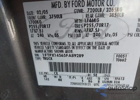 2005 Ford F-150 Fx4/Lariat/Xl/Xlt z USA, uszkodzony, nr VIN 1FTPX14565FA89289